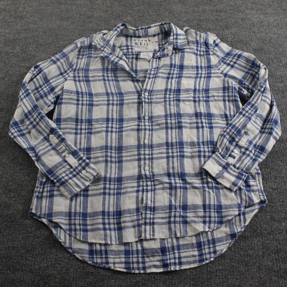 Frank Eileen Shirt Womens Large Eileen Relaxed Button Up Blue Plaid Linen Work - Picture 1 of 8